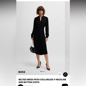 Boss Belted dress with collarless v neckline and button cuffss